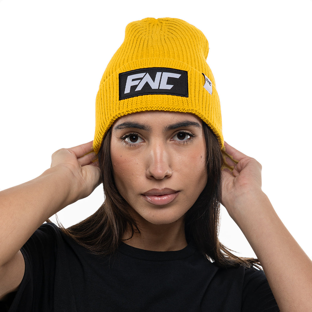 FNC Winter Hat – Yellow Beanie worn by model, front view