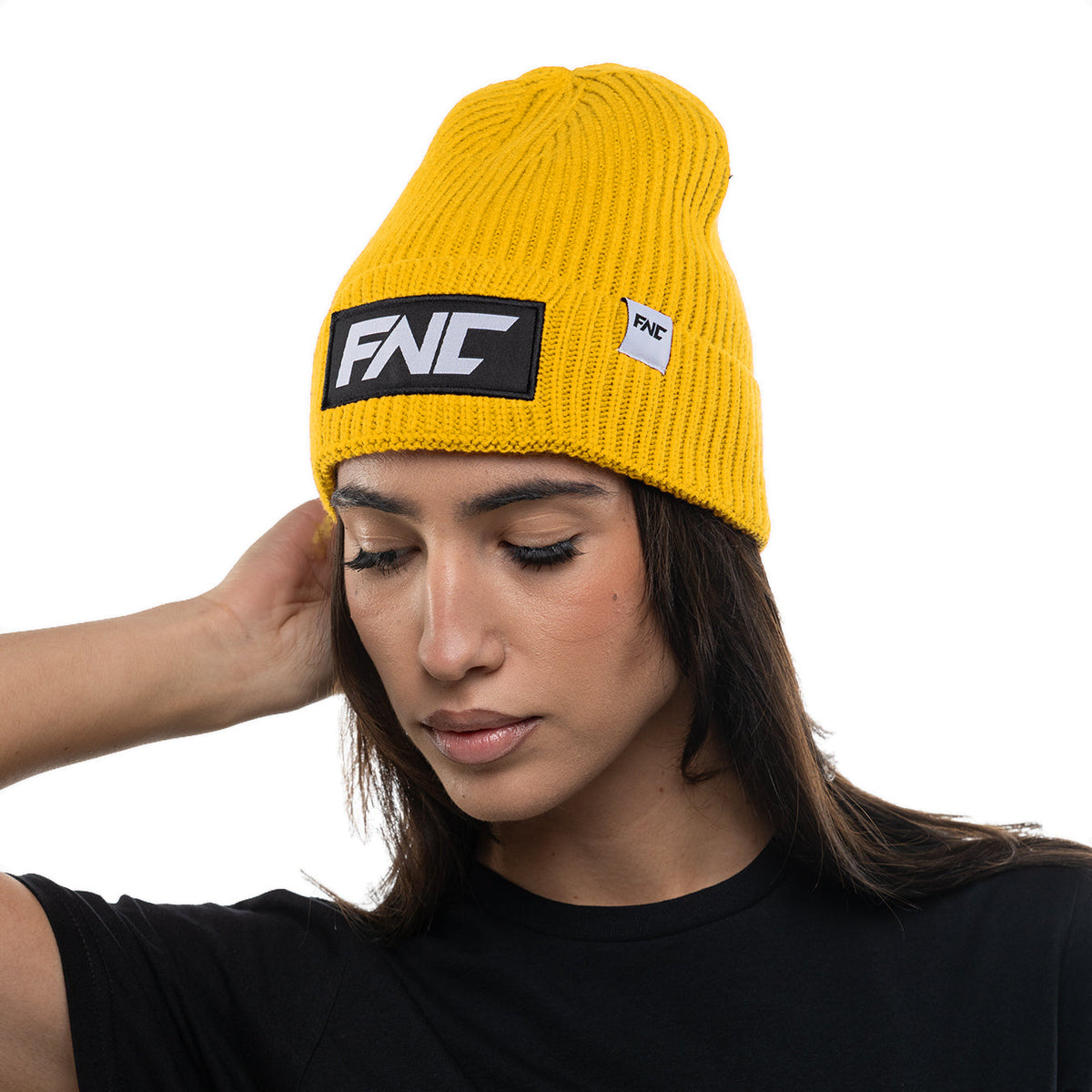 FNC Winter Hat – Yellow Beanie worn by model, side view